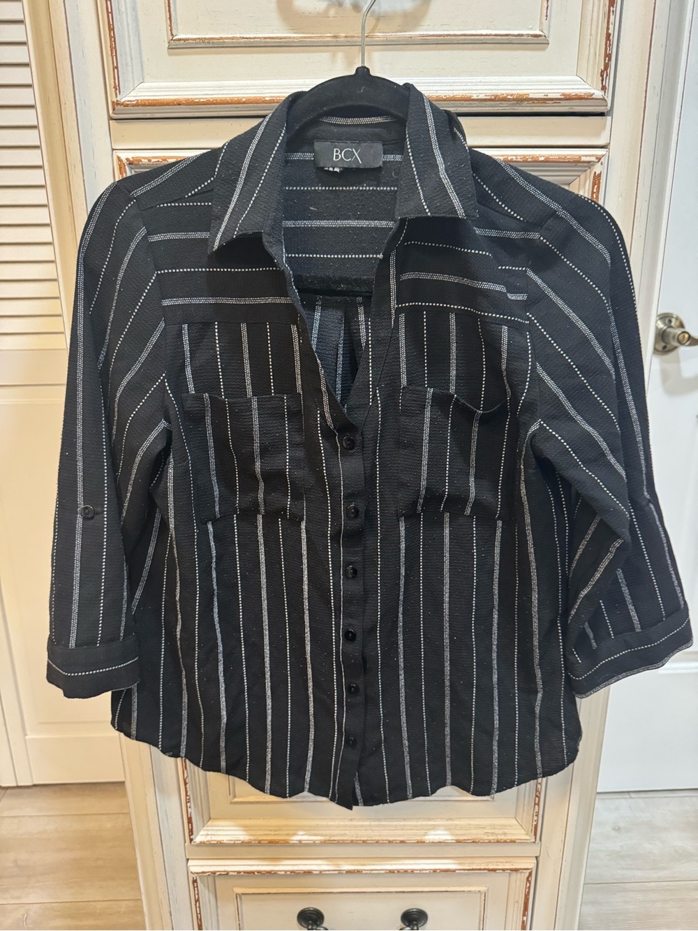 BCX Black & White Vertical Stripe Shirt